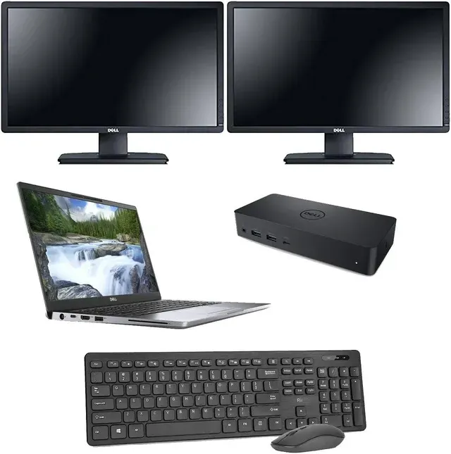 Laptop, dual monitors, dock, keyboard and mouse workstation bundle